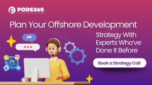 Strategy call booking banner featuring professional tech consultant illustration with global software development icons and purple pink gradient, promoting offshore development consultation.