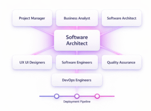 Infographic showing five connected steps for building and managing a dedicated software development team including defining roles, integrating teams, setting communication and KPIs, using agile methods, and fostering long term collaboration.