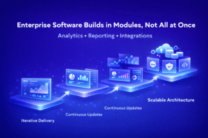 Enterprise platform growing through step-by-step module releases including analytics, reporting, and integrations in an educational SaaS infographic.