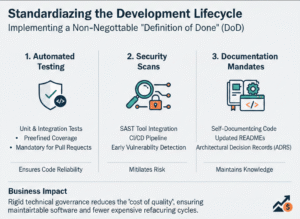 A professional infographic titled "Standardizing the Development Lifecycle" showcasing a three-pillar framework for a non-negotiable "Definition of Done" in software engineering. The design uses a clean, minimalist corporate style with three distinct columns: 1. Automated Testing (focusing on code reliability and pull requests), 2. Security Scans (focusing on SAST tools and risk mitigation), and 3. Documentation Mandates (focusing on ADRs and knowledge retention). The footer highlights the Business Impact, illustrating how technical governance reduces the "cost of quality" and prevents expensive refactoring cycles.