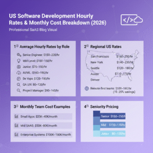 US software development hourly rates and monthly team cost breakdown infographic showing developer roles, regional pricing, and seniority-based pricing in 2026.