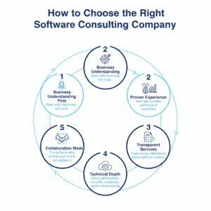 Infographic explaining how to choose the right software consulting company, highlighting business understanding, proven experience, transparent consulting services, technical depth, and a collaborative engagement model