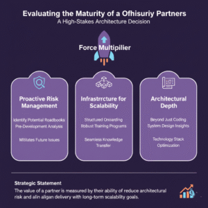 A professional infographic on a dark purple background titled "Evaluating the Maturity of Offshore Partners," designed as a strategic decision-making guide for CTOs and product leaders. The visual features a central rocket icon representing a "Force Multiplier" and is divided into three core pillars: Proactive Risk Management (pre-development analysis), Infrastructure for Scalability (structured onboarding and knowledge transfer), and Architectural Depth (system design and stack optimization). A footer section provides a strategic statement on reducing architectural risk and aligning global delivery with long-term scalability goals, accompanied by a financial growth icon.