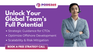 Professional strategy call invitation banner for offshore development consulting. Featuring a minimalist 3D tech graphic on a clean white background with purple branding. Messaging focuses on strategic guidance for CTOs and risk mitigation for global software teams with a clear 'Book a Free Strategy Call' button.