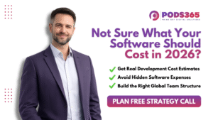 PODS365 SaaS marketing hero banner featuring a confident business consultant in a purple blazer on the left, with a clean white background and structured strategy-call messaging on the right, including headline, bullet points, and a ‘Plan My Strategy Call’ button in purple-pink gradient branding