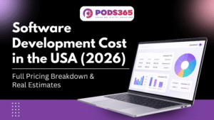 PODS365 blog banner showing the headline ‘Software Development Cost in the USA (2026)’ with a dark modern background, pricing breakdown subtitle, and a laptop displaying analytics charts in purple-gradient branding