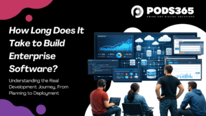 Enterprise software development blog banner with split layout showing bold headline on a blue-violet panel and developers collaborating around a large digital screen with dashboards and system architecture visuals.