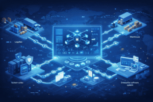 Illustration of blockchain deployment for enterprise applications showing distributed network nodes connecting multiple organizations, smart contracts, data migration, and enterprise system integration.Select 78 more words to run Humanizer.