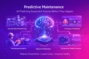 Infographic illustrating predictive maintenance in industrial systems where AI analyzes machine sensor data to predict equipment failures, monitor performance, and send maintenance alerts to reduce downtime and costs.